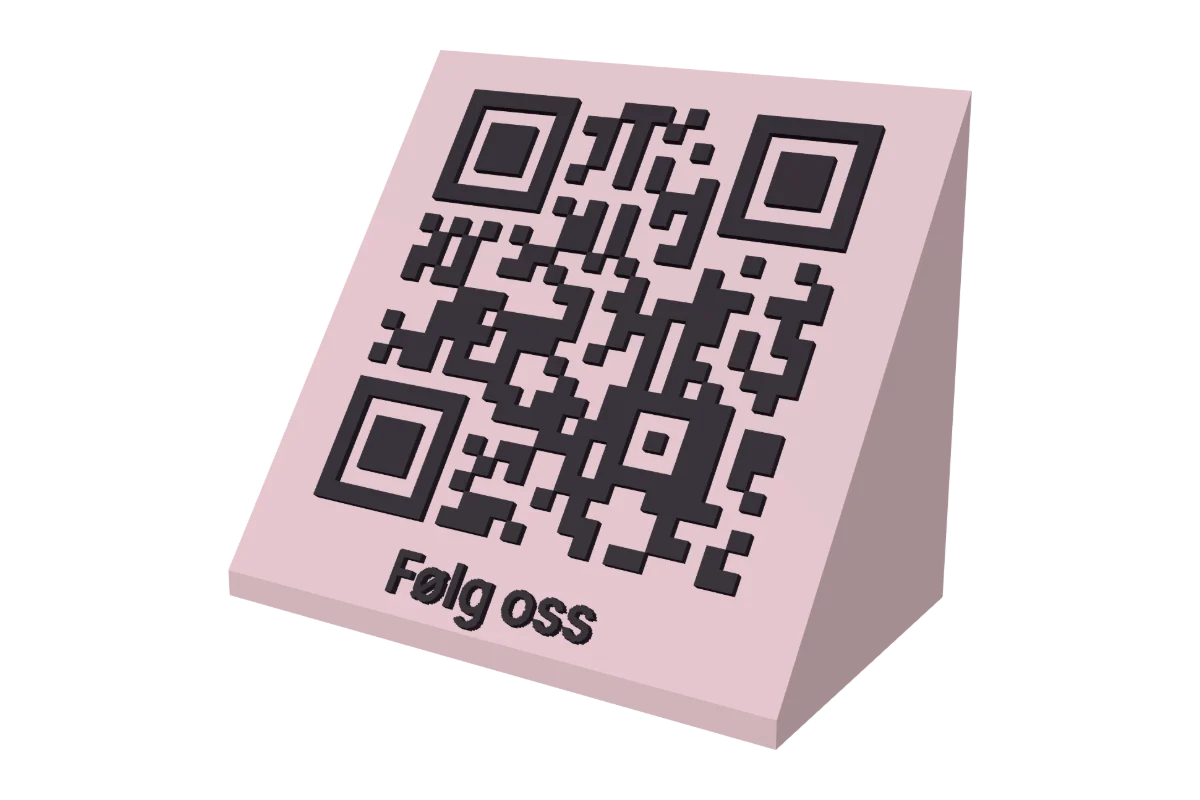 Rosa QR-kode bordstativ med mørk kode og teksten Følg oss