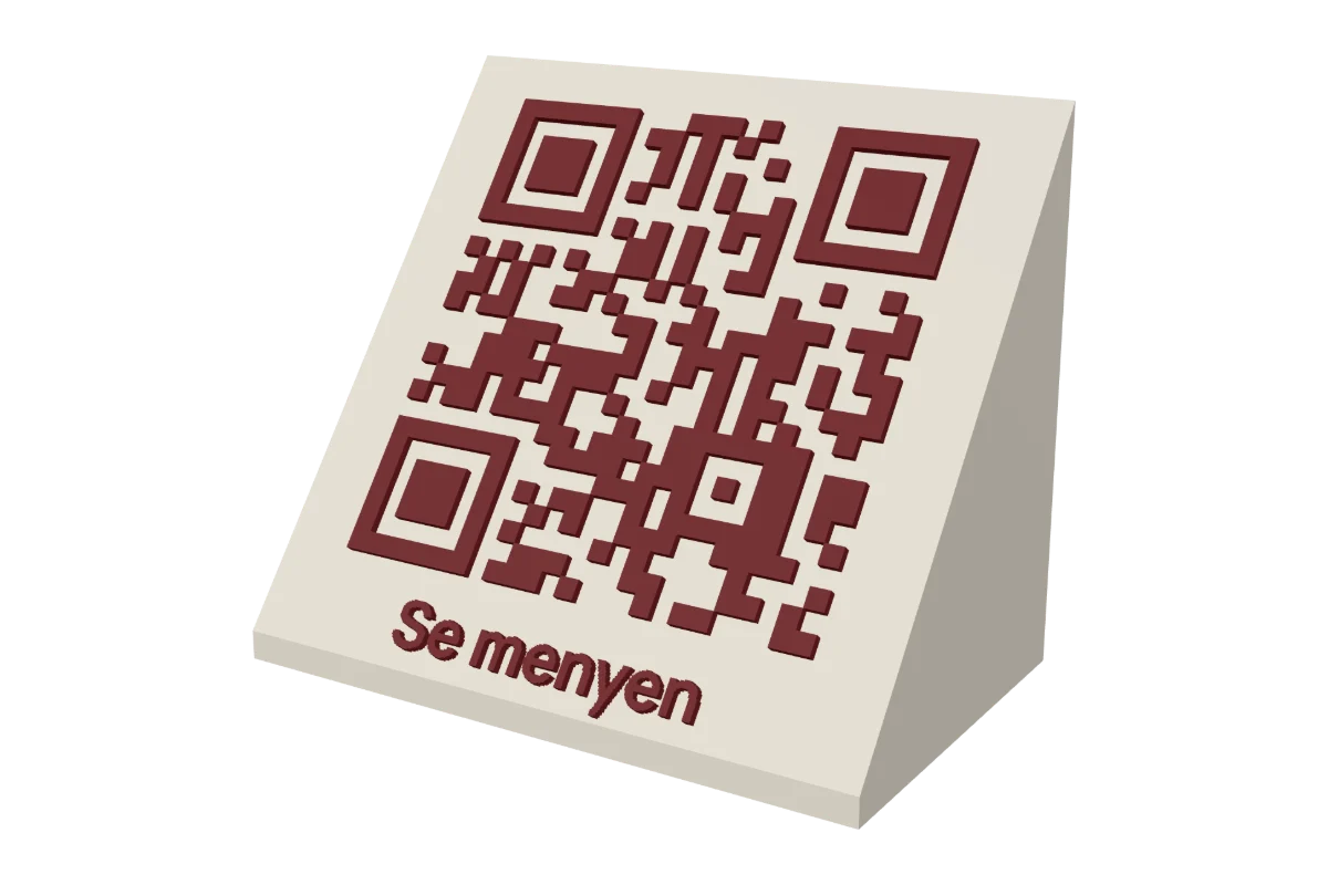 Kremfarget QR-kode bordstativ med mørkerød kode og teksten Se menyen