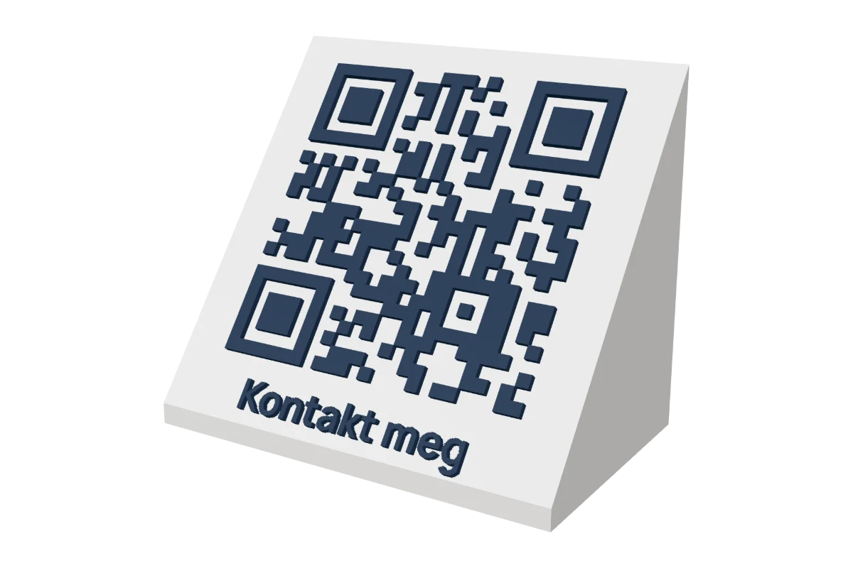Hvitt QR-kode bordstativ med mørkeblå kode og teksten Kontakt meg