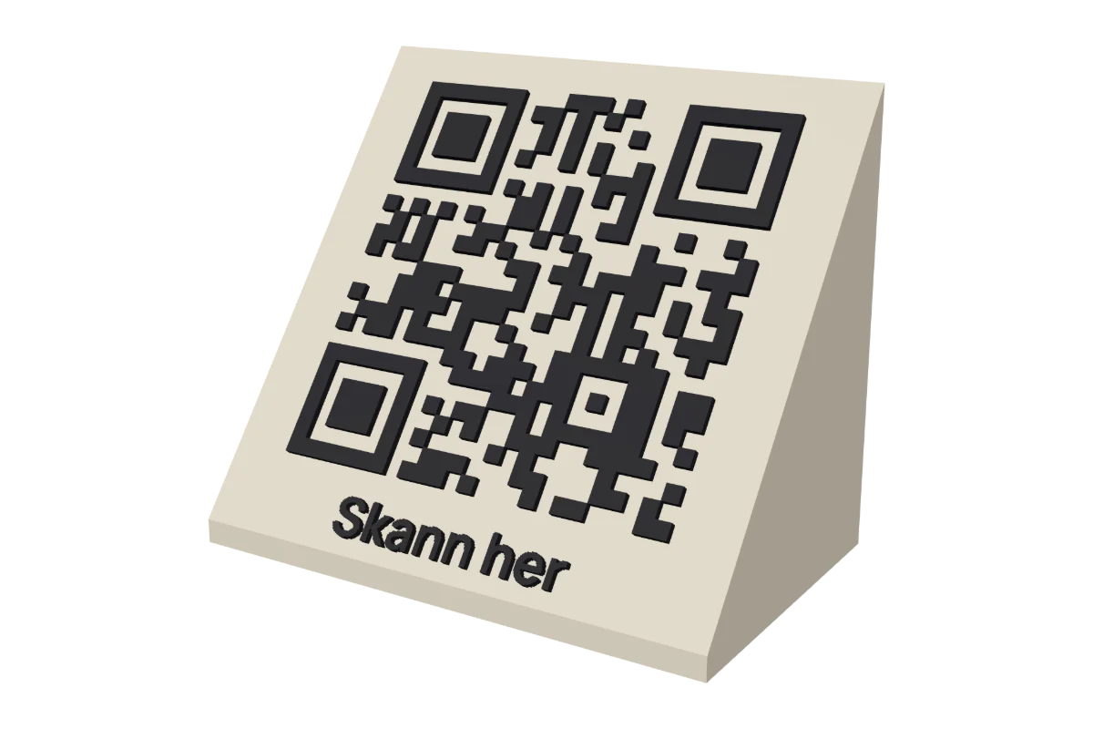 Digital forhåndsvisning av et svart og kremfarget QR-kode bordstativ med teksten Skann her
